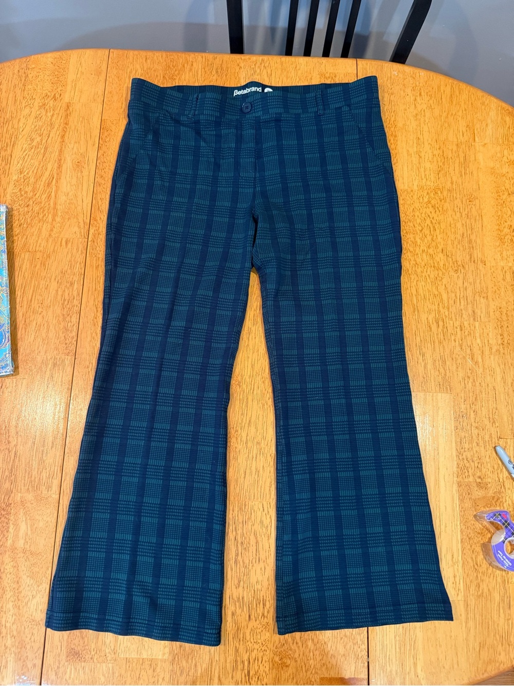 Betabrand Navy and Green Plaid Casual Women's Pants